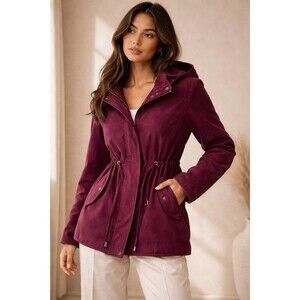 Womens Burgundy Hooded Jacket Velvet Feel Drawstring Waist Snap Zip XL